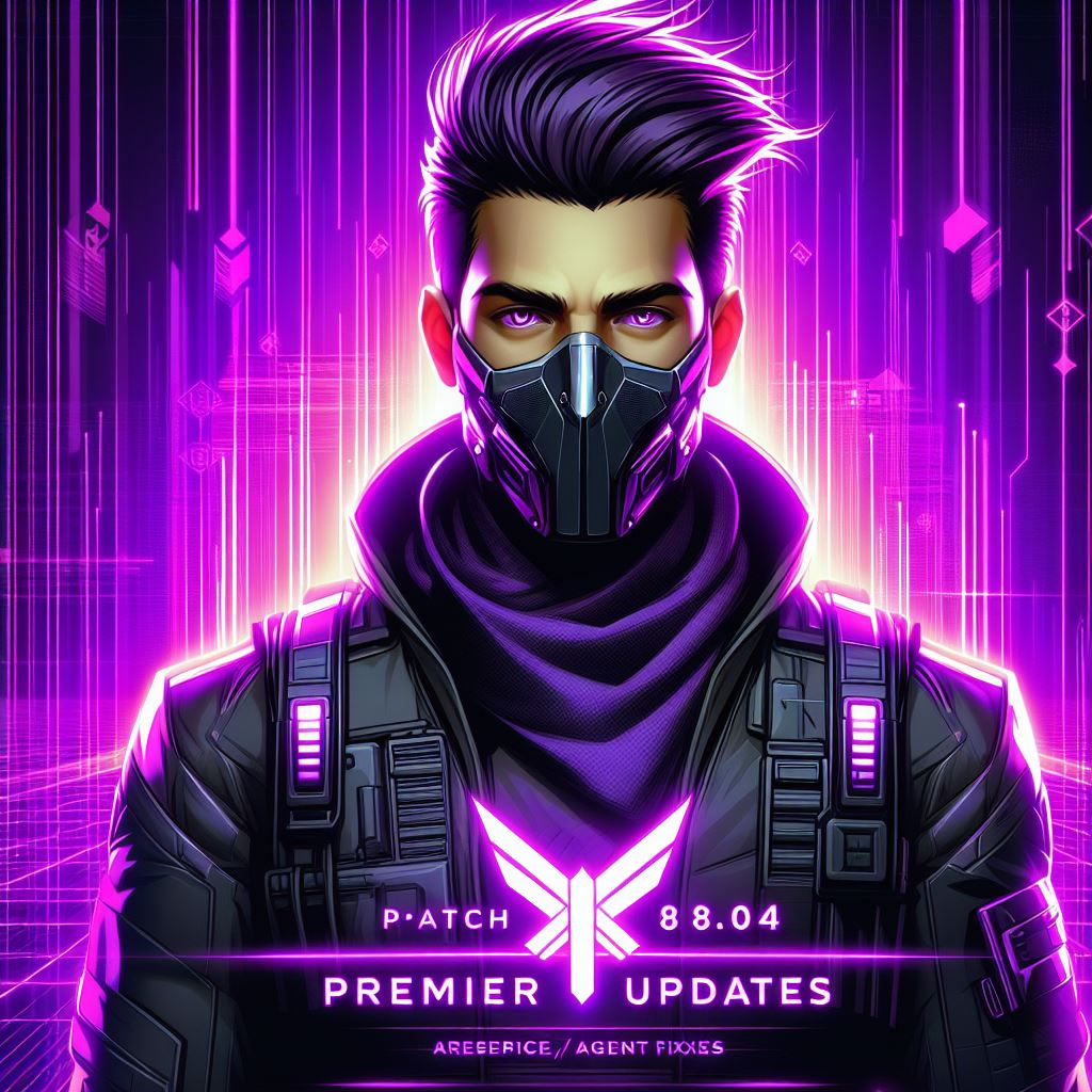 VALORANT Patch 8.04: Cartoonish image with neon purple background and VALORANT agents.