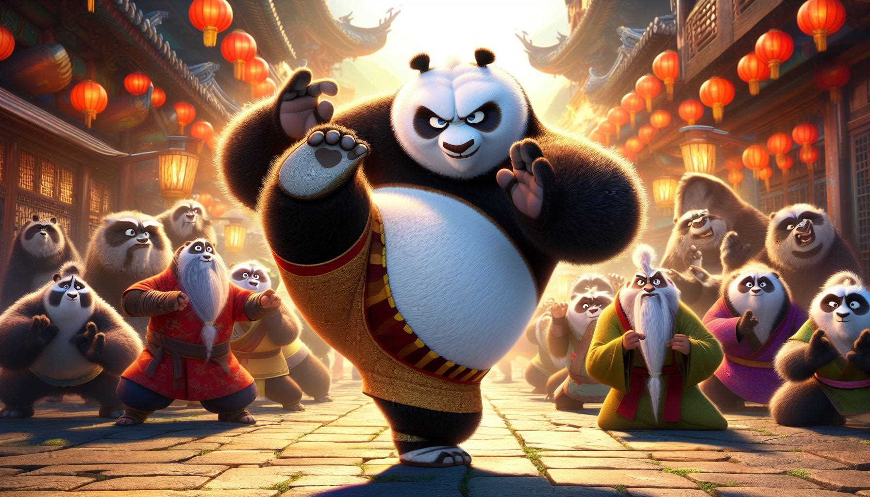 A playful depiction of Po, the lovable panda warrior, practicing kung fu moves