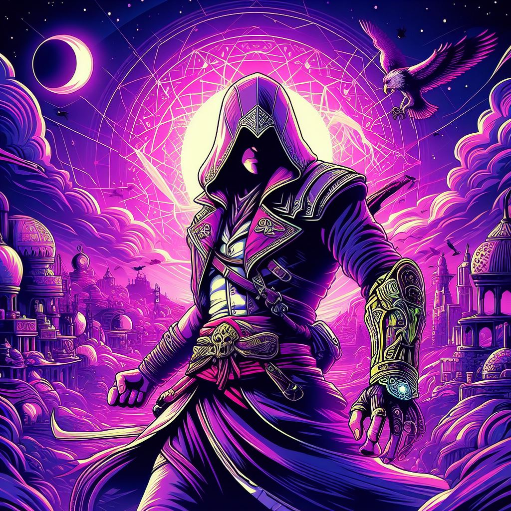 An artistic representation of Assassin’s Creed Origins with a neon purple color scheme.