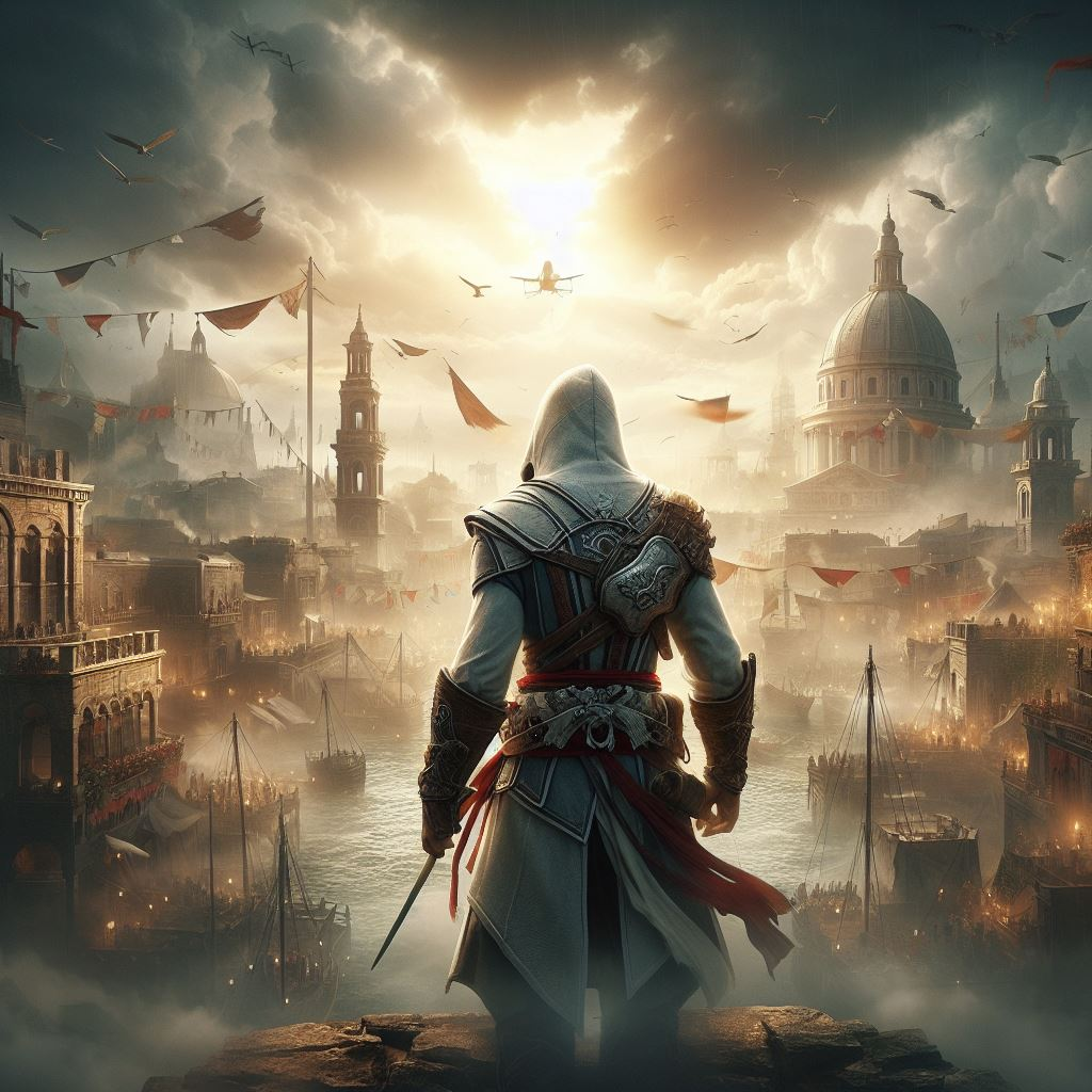 Assassin’s Creed 2 - A mysterious hooded figure stands atop a rooftop, overlooking a bustling Renaissance city.