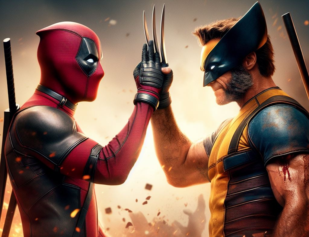 Deadpool and Wolverine high-fiving in an action-packed scene.