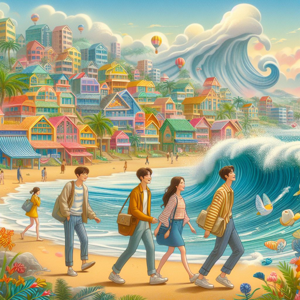 An animated scene from the drama “Home Town Cha Cha Cha” showing characters in a picturesque coastal village.