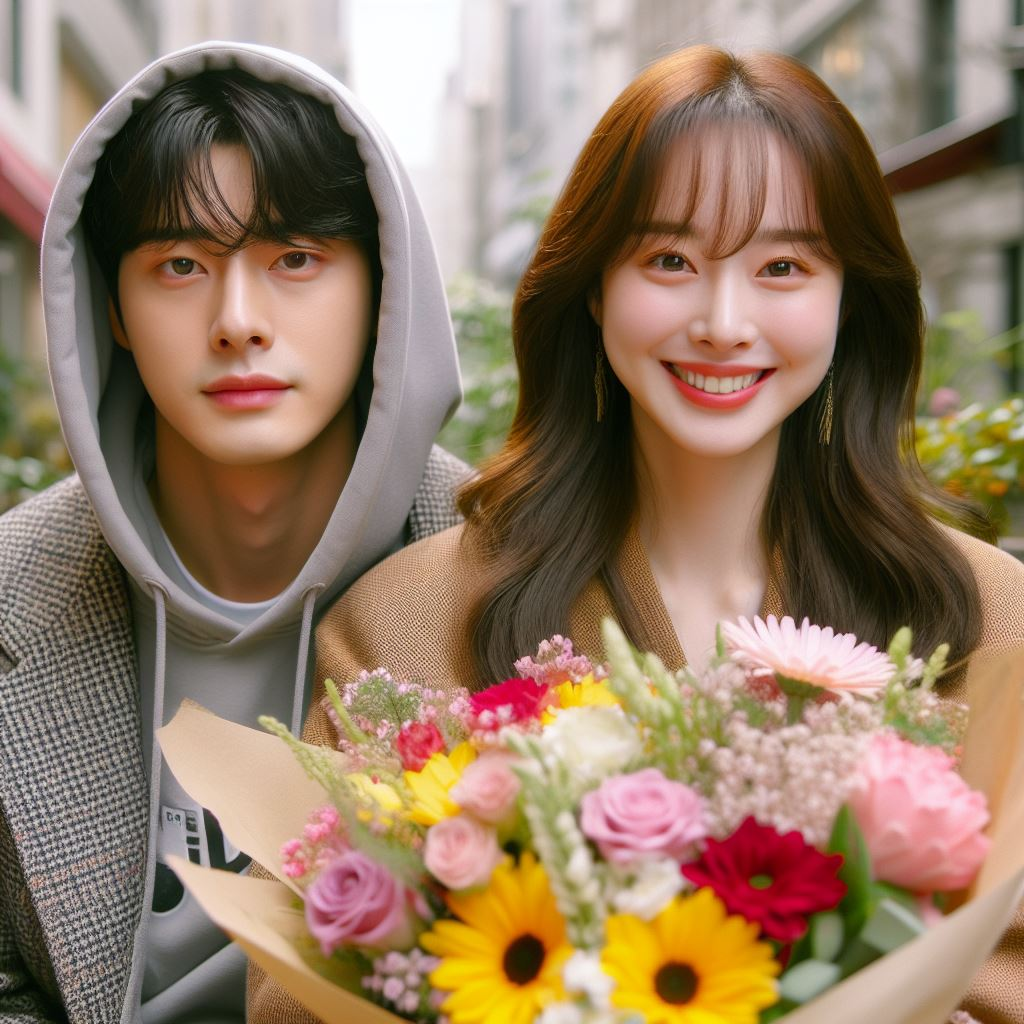 Alt Text: A cartoonish depiction of the main lead from the Korean drama “The Atypical Family.” The man is wearing a hoodie, and the woman beside him looks happy, holding a bouquet of flowers.