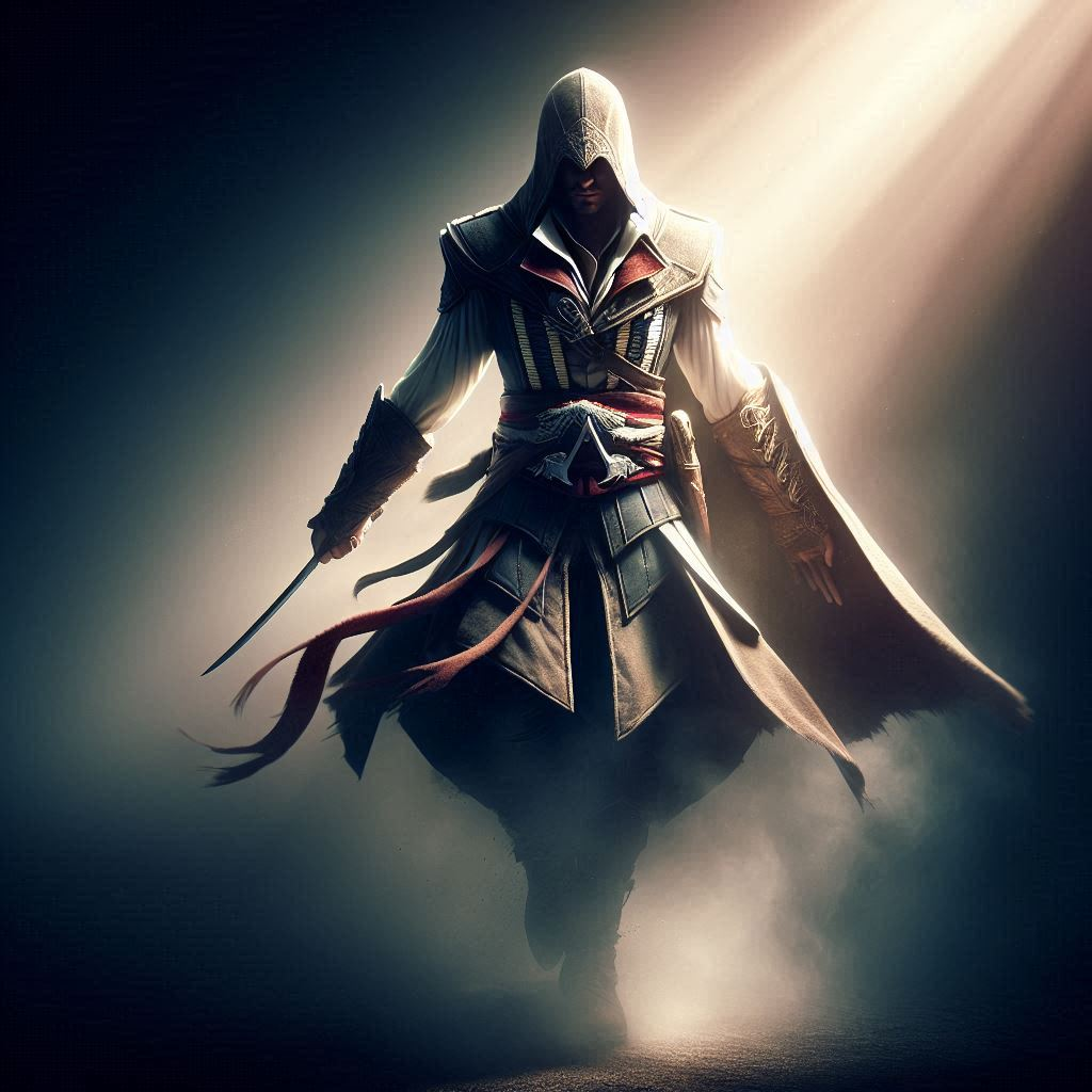 An artistic depiction of an assassin in a cloak, shrouded in shadow.